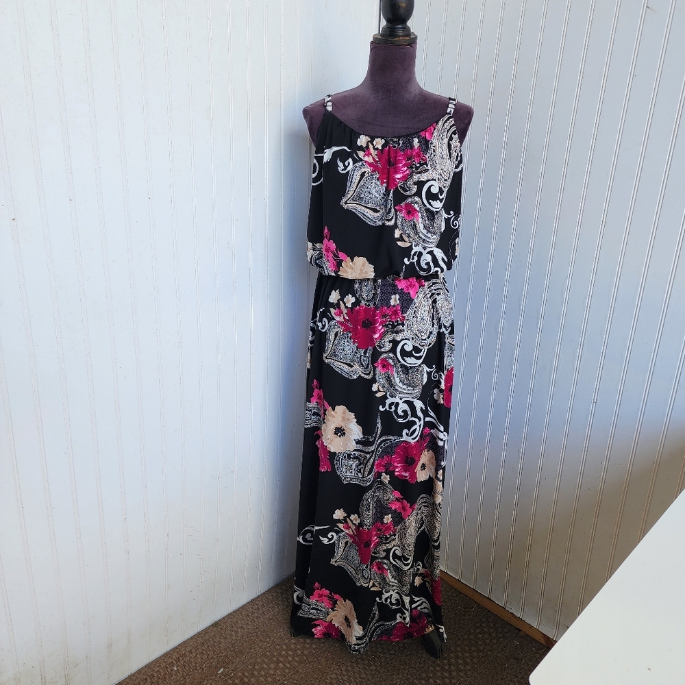 White House Black Market Maxi Dress Sleeveless White Pink WHBM Stretch Jersey L - Picture 2 of 13
